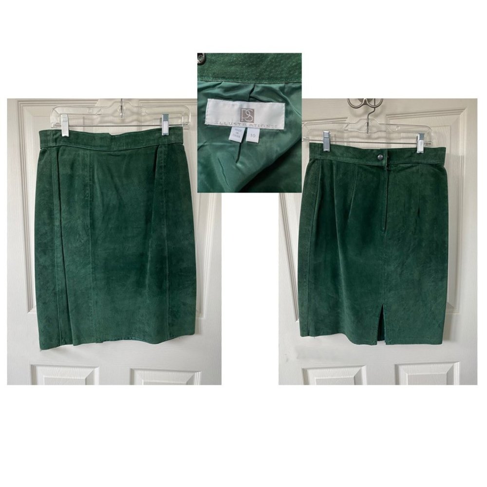 “PS Illustrations” Size 10 forest green knee-length real suede pencil skirt